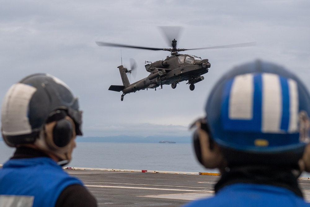USS Ronald Reagan (CVN 76) conducts joint flight deck operations with the U.S. Army
