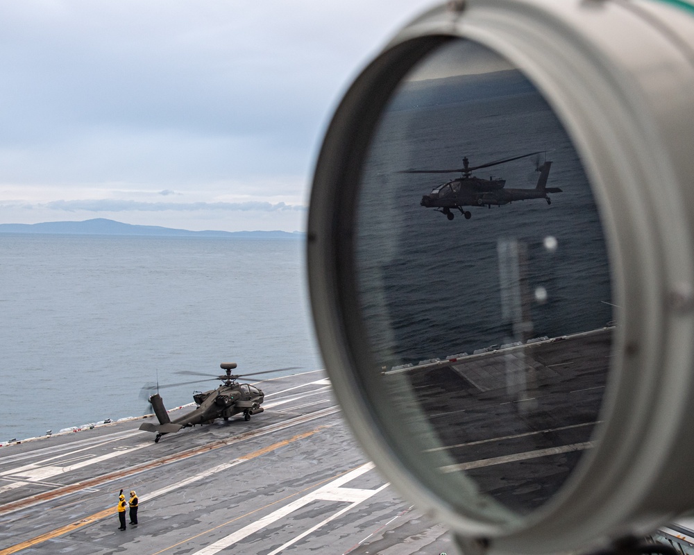 USS Ronald Reagan (CVN 76) conducts joint flight deck operations with the U.S. Army