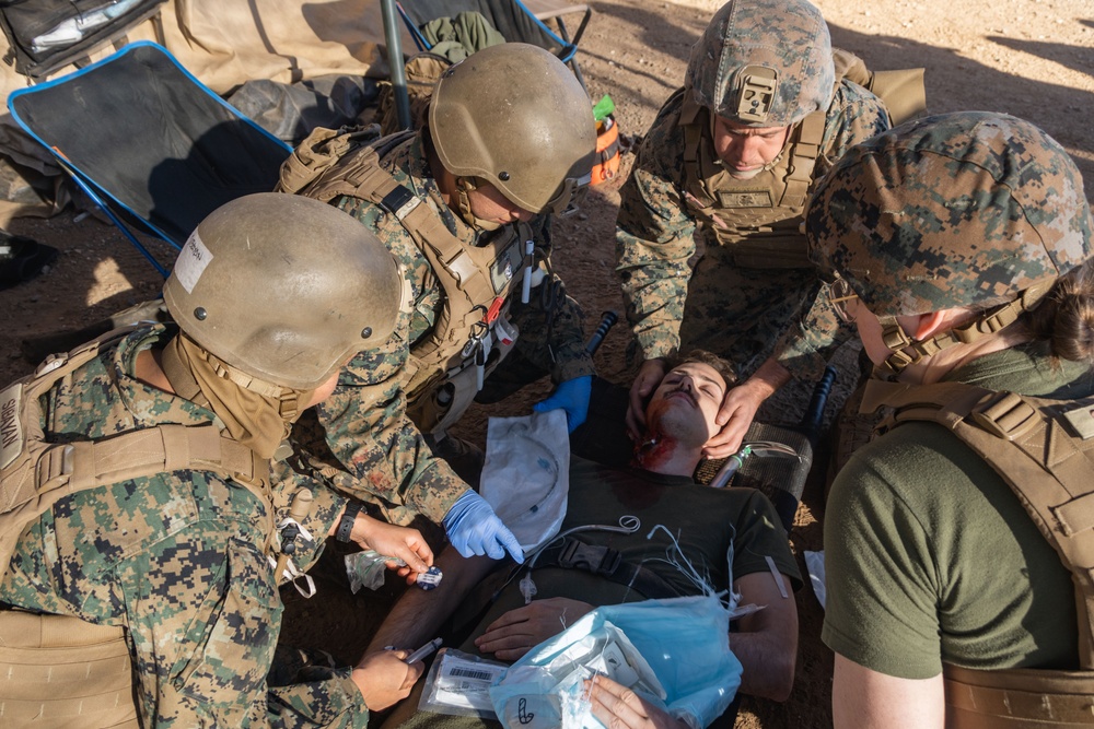 U.S. Navy corpsmen conduct mass casualty evacuation drill during Steel Knight 24