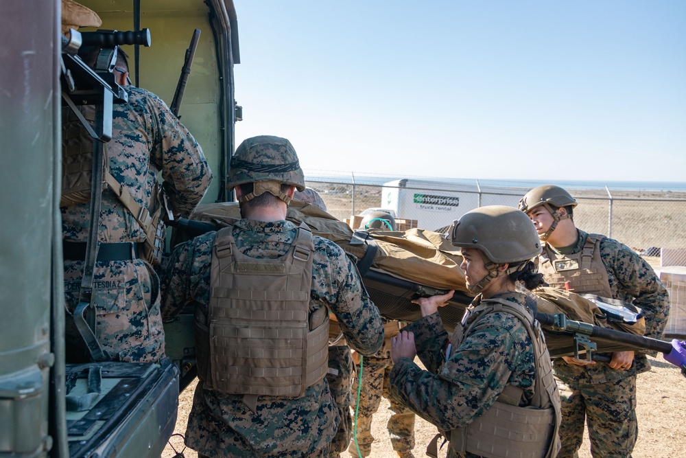 U.S. Navy corpsmen conduct mass casualty evacuation drill during Steel Knight 24