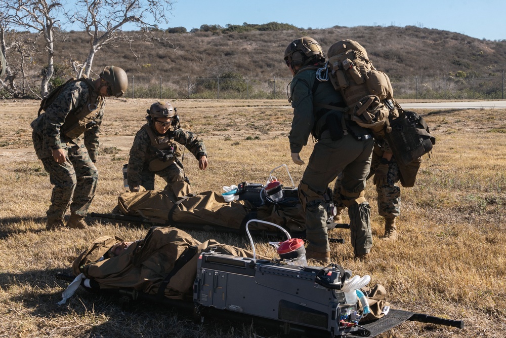 U.S. Navy corpsmen conduct mass casualty evacuation drill during Steel Knight 24