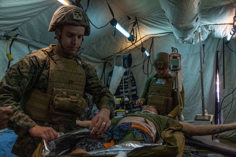 U.S. Navy corpsmen conduct mass casualty evacuation drill during Steel Knight 24