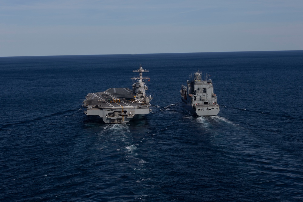 USS Gerald R. Ford (CVN 78) conducts RAS with USNS Harvey Milk