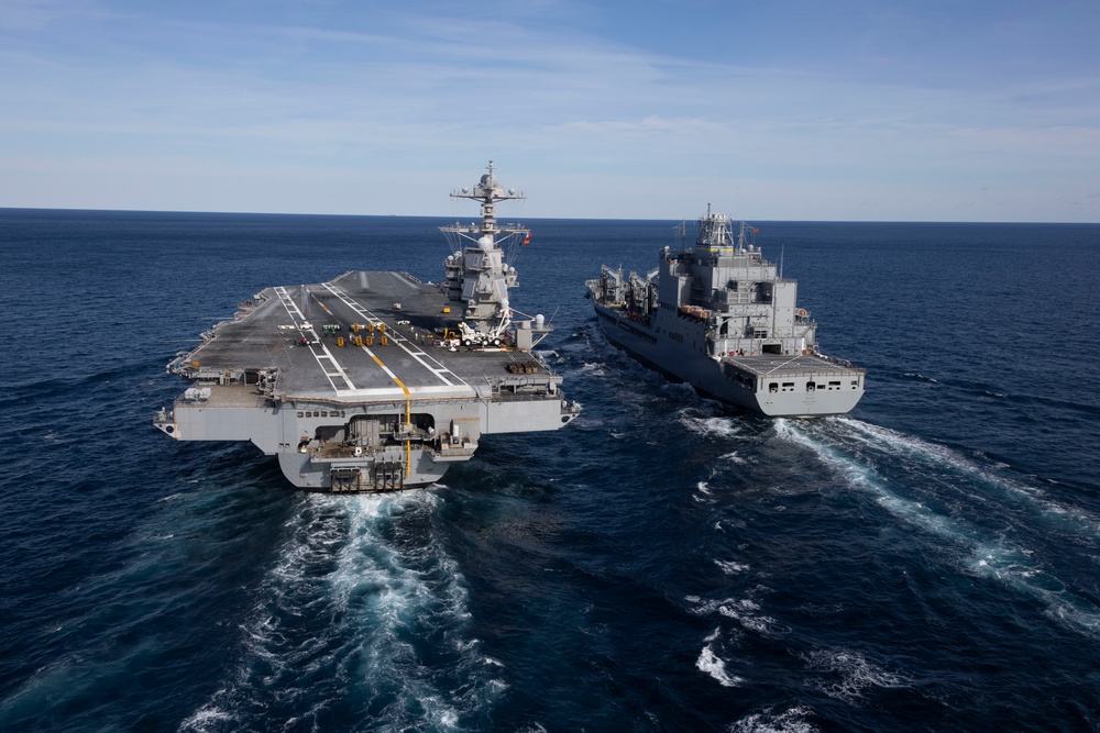 USS Gerald R. Ford (CVN 78) conducts RAS with USNS Harvey Milk