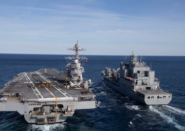 USS Gerald R. Ford (CVN 78) conducts RAS with USNS Harvey Milk