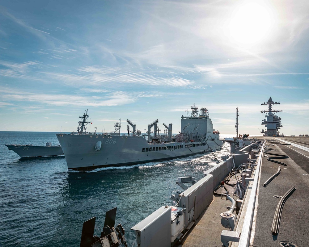 USS Gerald R. Ford (CVN 78) conducts RAS with USNS Harvey Milk (T-AO 206)