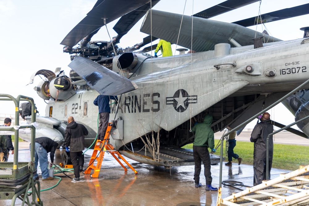 Marines, contractors clean MAG-36 aircraft