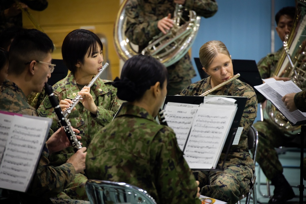 III Marine Expeditionary Force And Japan Ground Self-Defence Force Band Perform Together At Camp Yonaguni