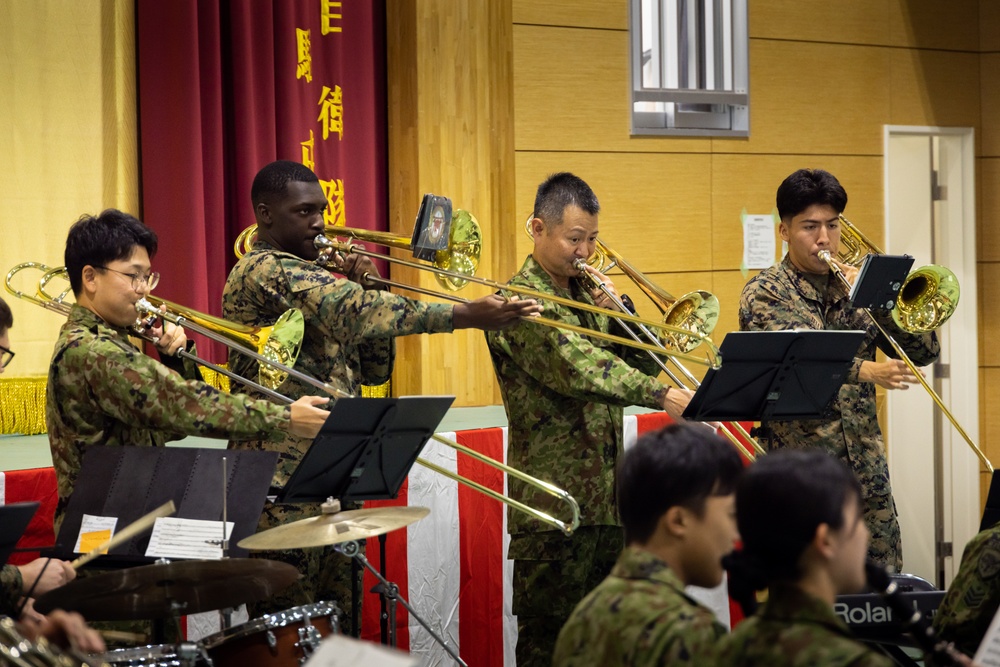 III Marine Expeditionary Force And Japan Ground Self-Defence Force Band Perform Together At Camp Yonaguni