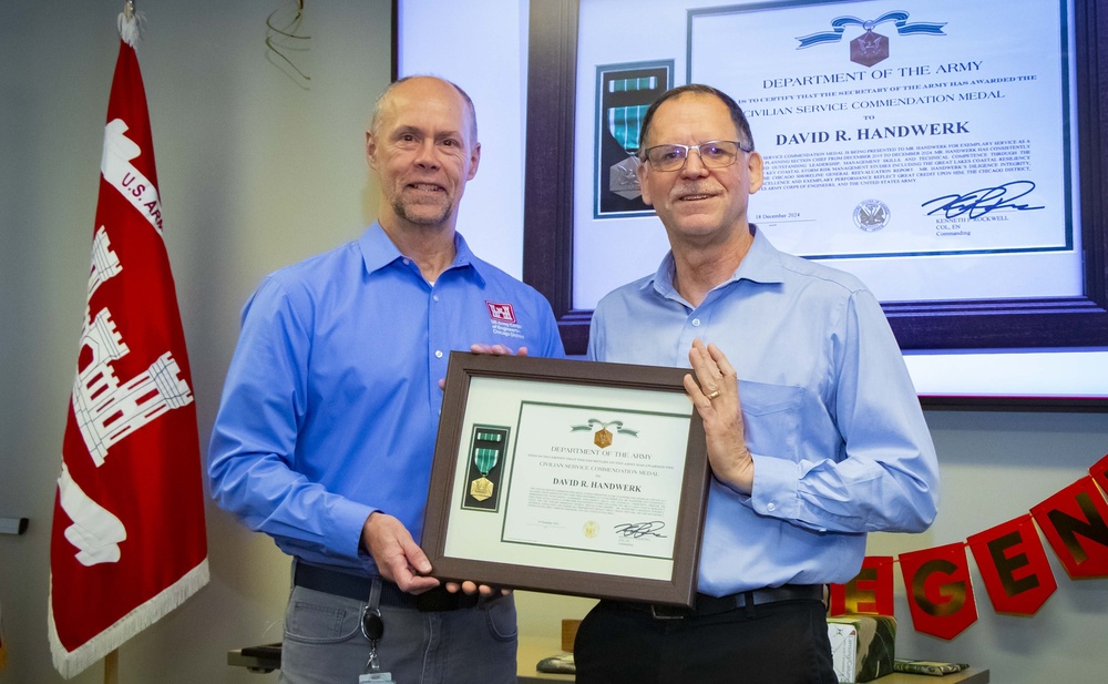 USACE, Chicago District's David Handwerk receives the Department of the Army Civilian Service Commendation Medal at his retirement ceremony.