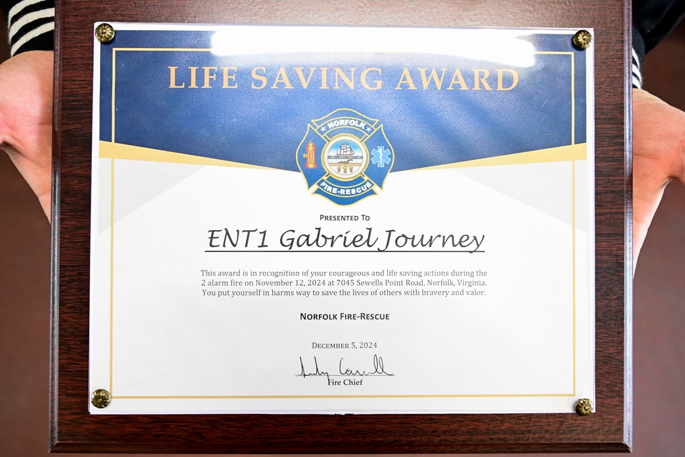 ETN1 Gabriel Journey City of Norfolk Lifesaving Award Ceremony