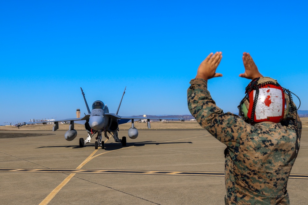 Steel Knight 24: VMFA-232 receives fuel from MWSS-373 Marines at forward arming and refueling point, Beale AFB