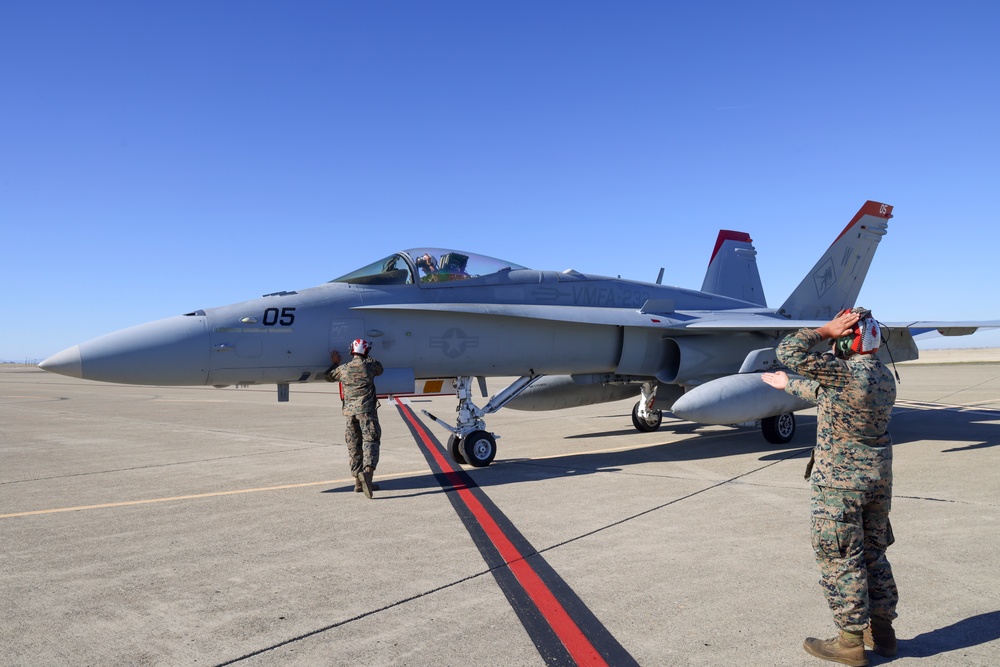 Steel Knight 24: VMFA-232 receives fuel from MWSS-373 Marines at forward arming and refueling point, Beale AFB