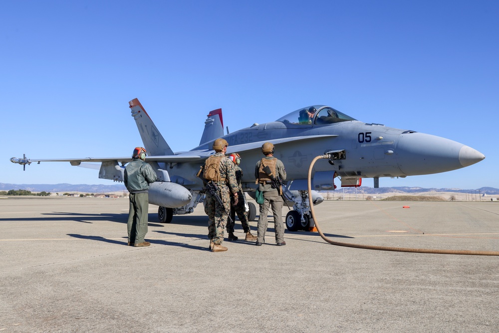 Steel Knight 24: VMFA-232 receives fuel from MWSS-373 Marines at forward arming and refueling point, Beale AFB