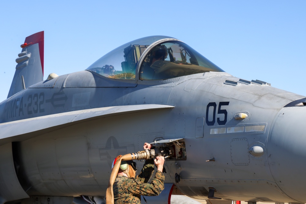 Steel Knight 24: VMFA-232 receives fuel from MWSS-373 Marines at forward arming and refueling point, Beale AFB