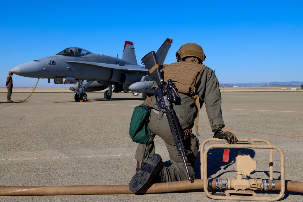 Steel Knight 24: VMFA-232 receives fuel from MWSS-373 Marines at forward arming and refueling point, Beale AFB