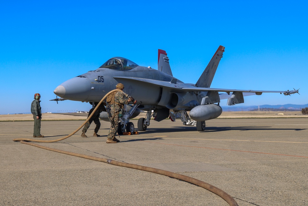 Steel Knight 24: VMFA-232 receives fuel from MWSS-373 Marines at forward arming and refueling point, Beale AFB