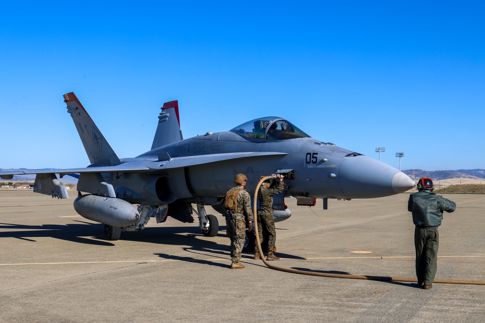 Steel Knight 24: VMFA-232 receives fuel from MWSS-373 Marines at forward arming and refueling point, Beale AFB