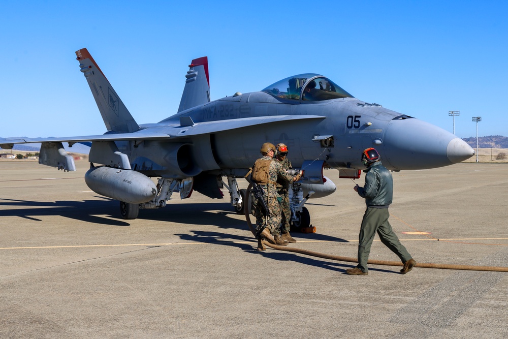 Steel Knight 24: VMFA-232 receives fuel from MWSS-373 Marines at forward arming and refueling point, Beale AFB