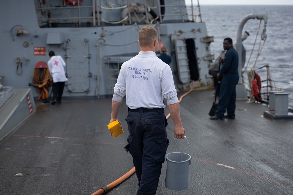 Sailors Conduct Fresh-Water Wash Down Aboard USS Oscar Austin (DDG 79)