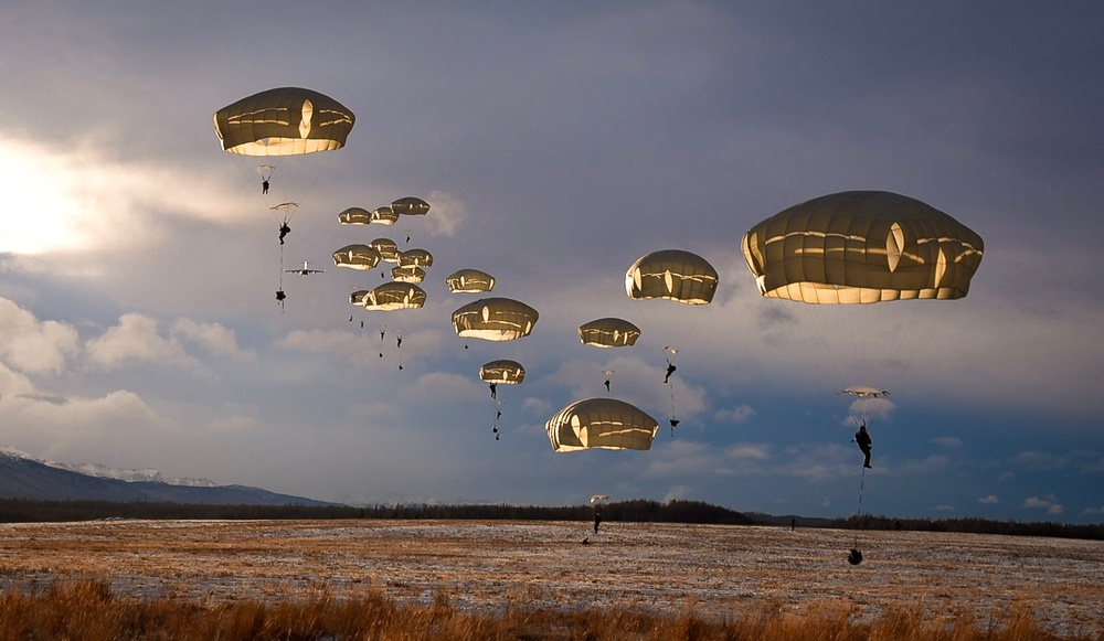 2nd Infantry Brigade, 11th Airborne Division Soldiers conducted a winter jump into Malamute DZ