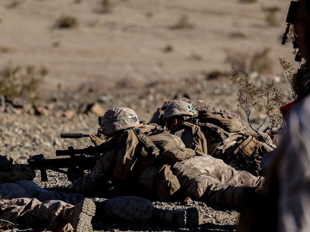 U.S. Marines with 2nd Battalion, 23rd Marine Regiment, conduct platoon supported raids during training for upcoming deployment