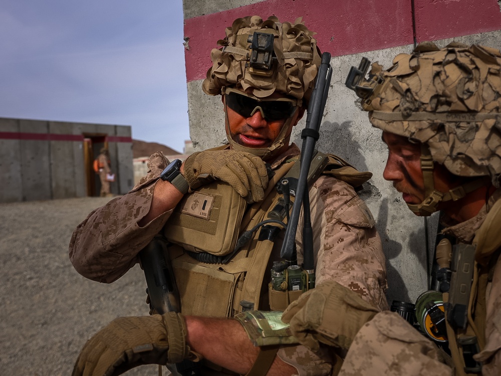 U.S. Marines with Fox Company, 2nd Battalion, 23rd Marine Regiment, conduct a company supported urban attack during training for upcoming deployment 