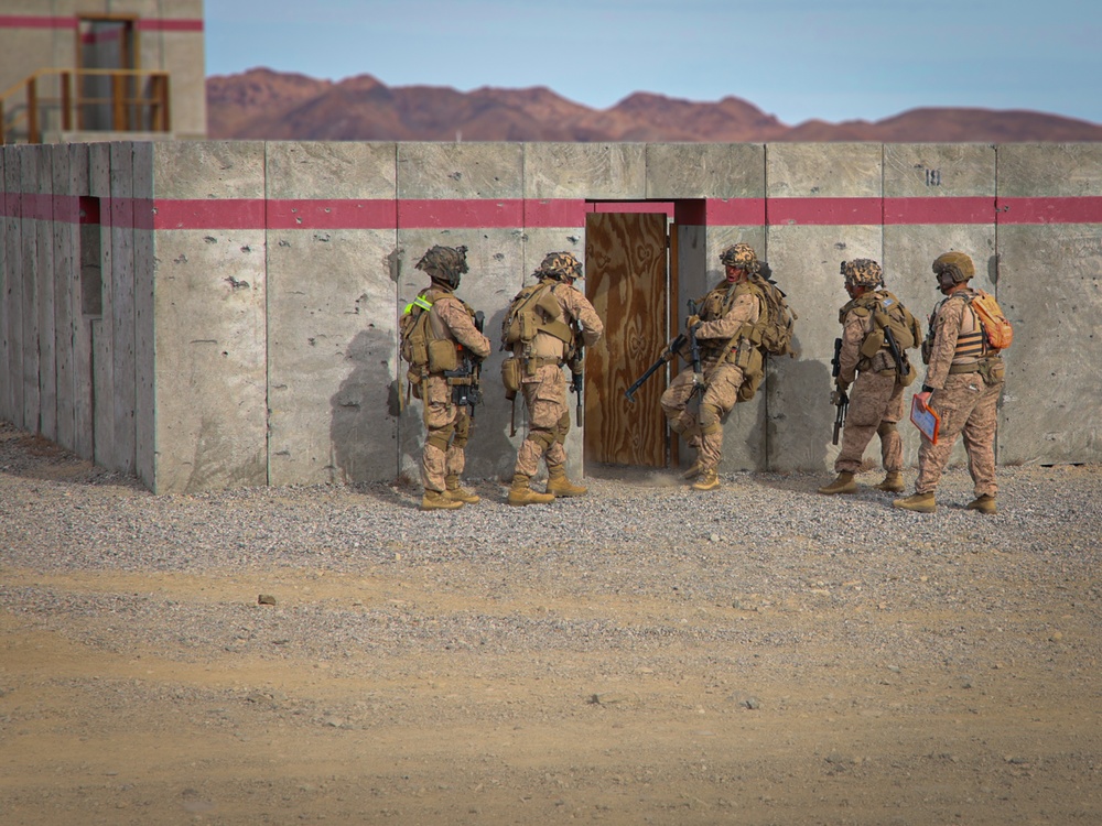 U.S. Marines with Fox Company, 2nd Battalion, 23rd Marine Regiment, conduct a company supported urban attack during training for upcoming deployment 