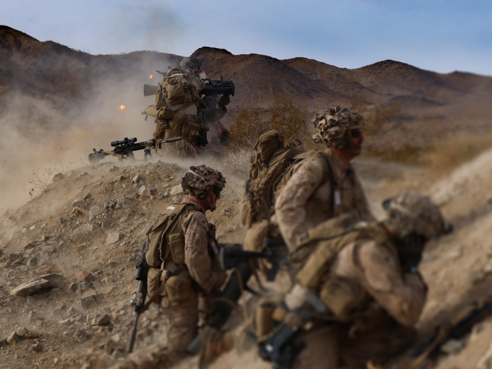  U.S. Marines with Fox Company, 2nd Battalion, 23rd Marine Regiment, conduct a company supported urban attack during training for upcoming deployment 