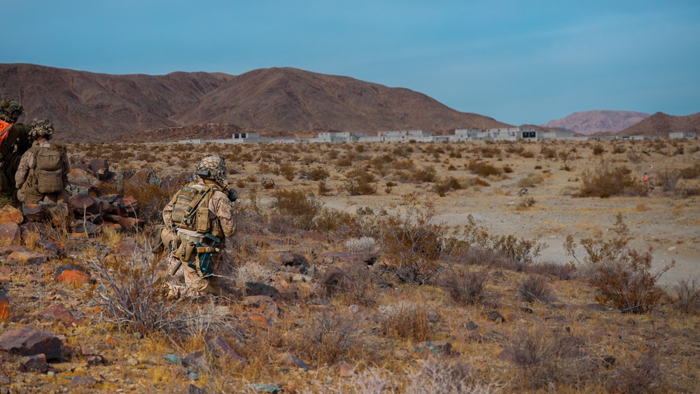 U.S. Marines with Fox Company, 2nd Battalion, 23rd Marine Regiment, conduct a company supported urban attack during training for upcoming deployment 