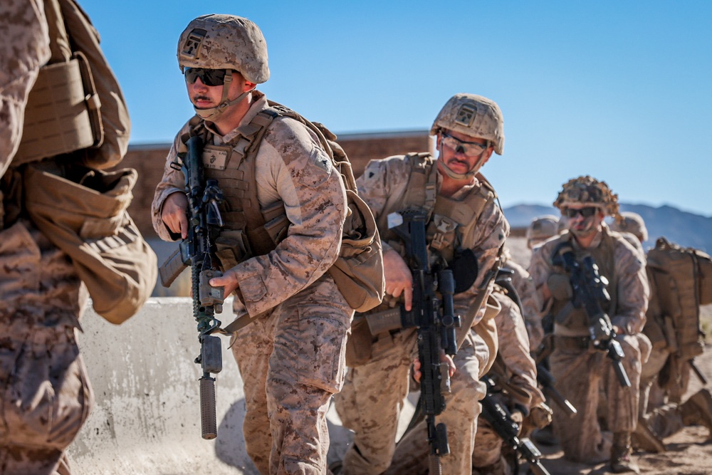 U.S. Marines with 2nd Battalion, 23rd Marine Regiment, conduct squad urban fundamentals course in preparation for upcoming deployment