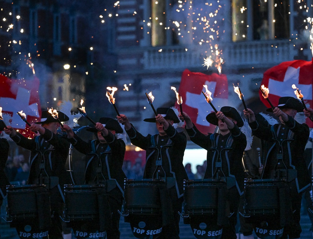 Switzerland’s Top Secret Drum Corps performs at Belgian Defence International Tattoo 2024