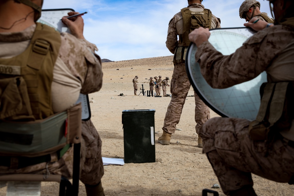 U.S. Marines with 2nd Battalion, 23rd Marine Regiment, fire mortars during training for upcoming deployment