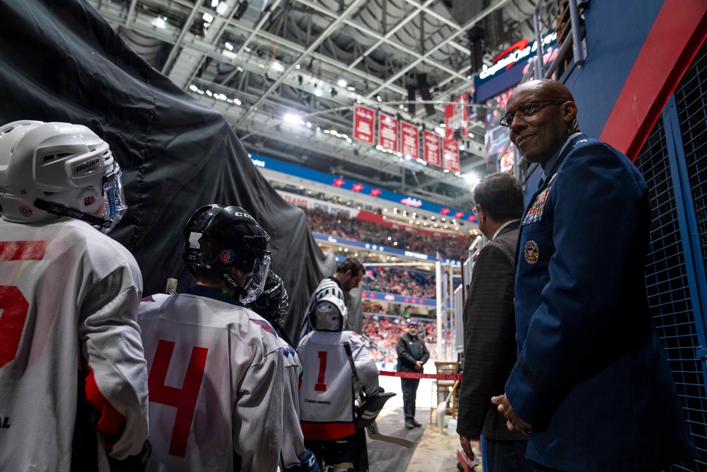 Chairman of the Joint Chiefs of Staff Gen. CQ Brown, Jr., participates in the 2024 Washington Capitals Salute to the Military game.