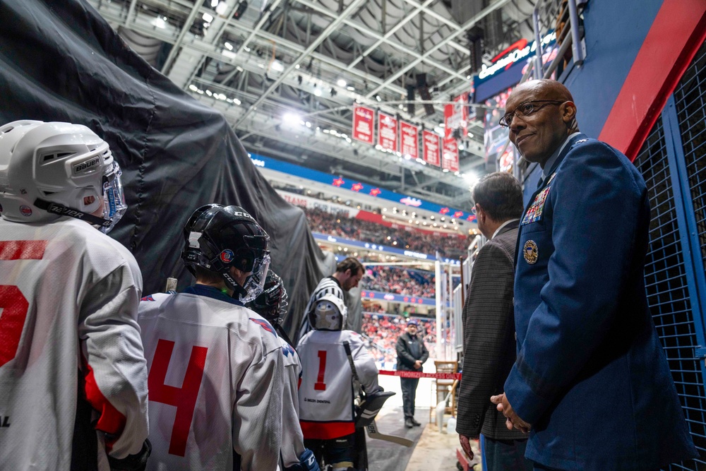 Chairman of the Joint Chiefs of Staff Gen. CQ Brown, Jr., participates in the 2024 Washington Capitals Salute to the Military game.