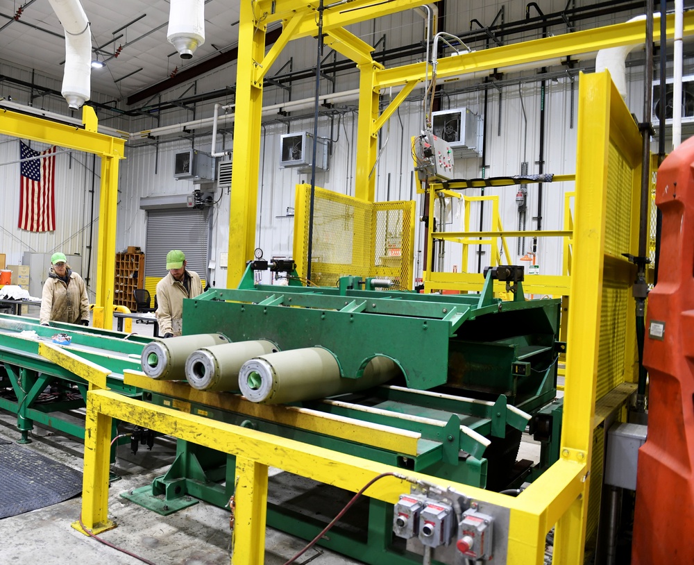 MK82 bombs are placed on the tilt table as a part of the bomb production process at the McAlester Army Ammunition Plant in McAlester, OK, on 24 JAN, 2024