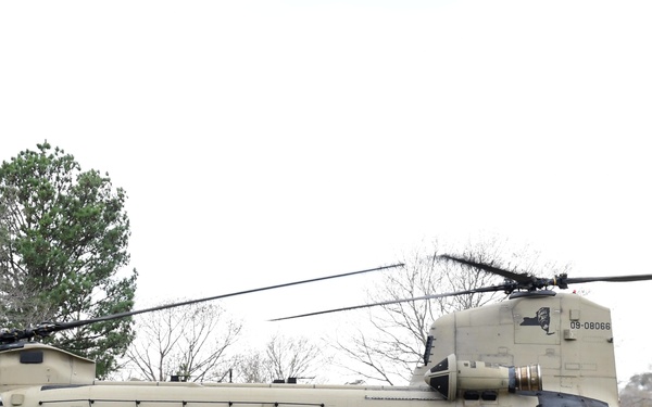 CH-47 waits on the arrival of General Charles Q. Brown Jr., Chairman of the Joint Chiefs of Staff, for his visit to Pine Bluff Arsenal, in Pine Bluff, Arkansas, on 14 Mar., 2024