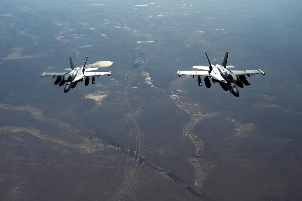 U.S. Navy EA/18 Growlers conduct combat patrols over CENTCOM AOR