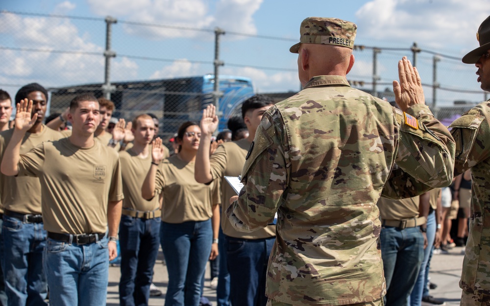 Recruits enlist into the Alabama National Guard at Talladega Superspeedway
