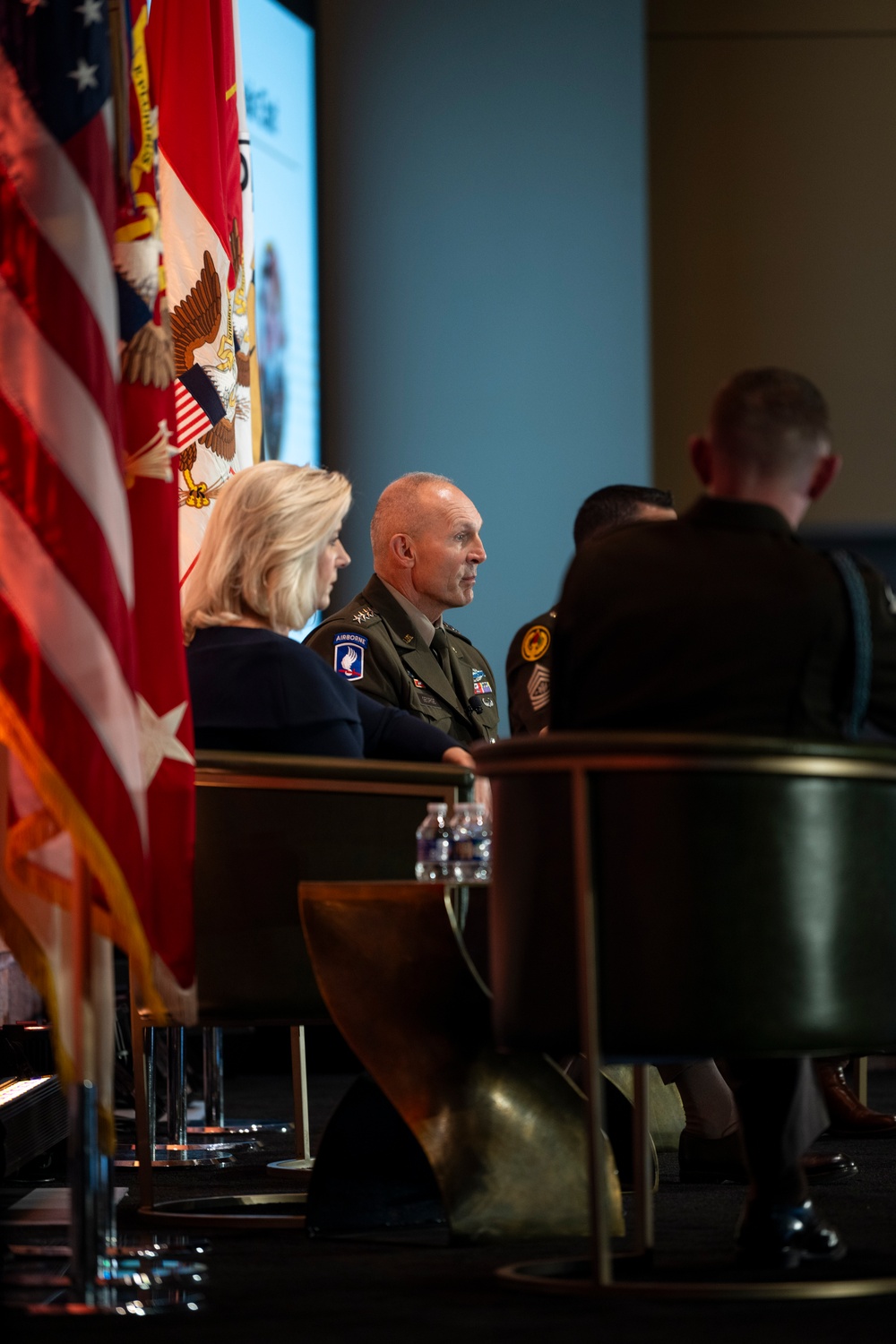 Secretary of the Army Hon. Christine Wormuth, U.S. Army Gen. Randy George, Chief of Staff, and Sergeant Major of the Army Michael Weimer, speak during a fireside chat  during the 2024 Association of the U.S. Army Annual Meeting and Exposition