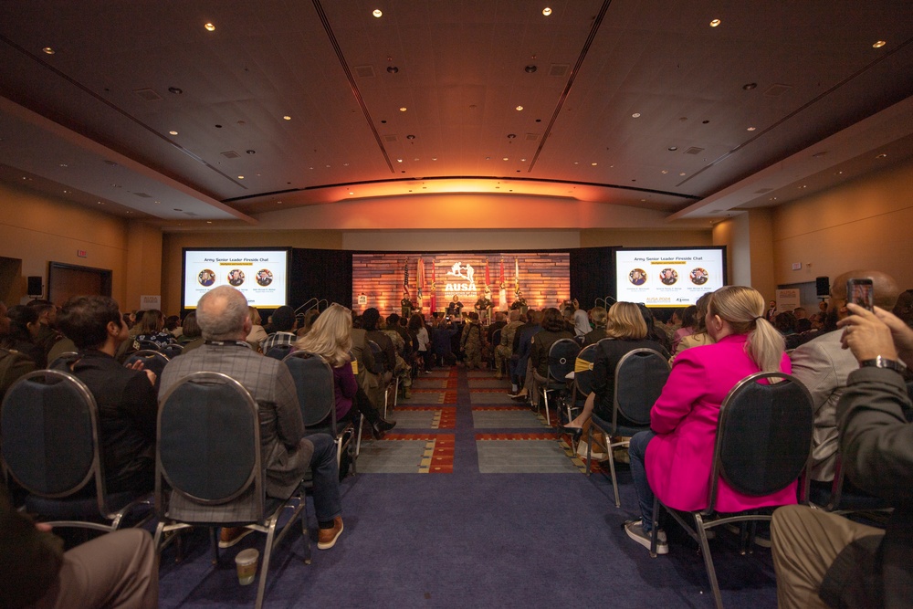 Secretary of the Army Hon. Christine Wormuth, U.S. Army Gen. Randy George, Chief of Staff, and Sergeant Major of the Army Michael Weimer, speak during a fireside chat  during the 2024 Association of the U.S. Army Annual Meeting and Exposition