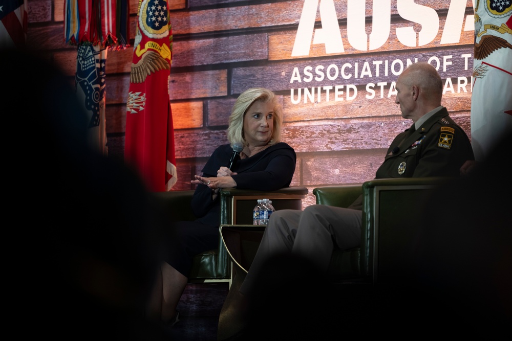 Secretary of the Army Hon. Christine Wormuth, U.S. Army Gen. Randy George, Chief of Staff, and Sergeant Major of the Army Michael Weimer, speak during a fireside chat  during the 2024 Association of the U.S. Army Annual Meeting and Exposition