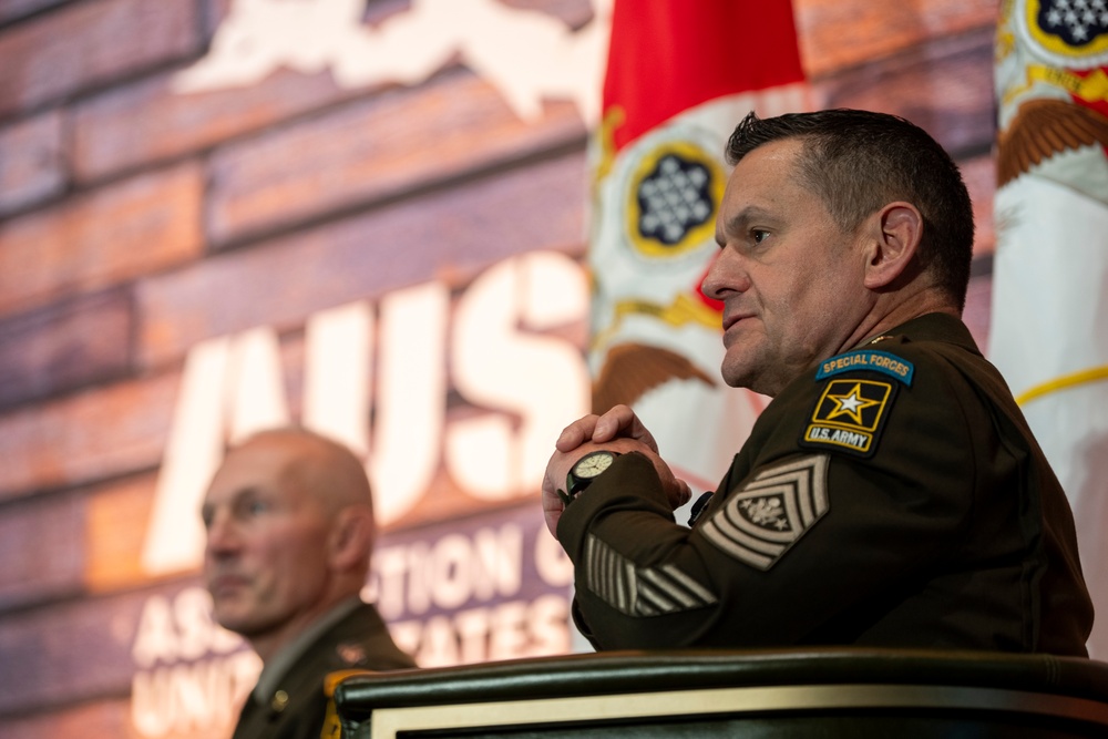 Secretary of the Army Hon. Christine Wormuth, U.S. Army Gen. Randy George, Chief of Staff, and Sergeant Major of the Army Michael Weimer, speak during a fireside chat  during the 2024 Association of the U.S. Army Annual Meeting and Exposition