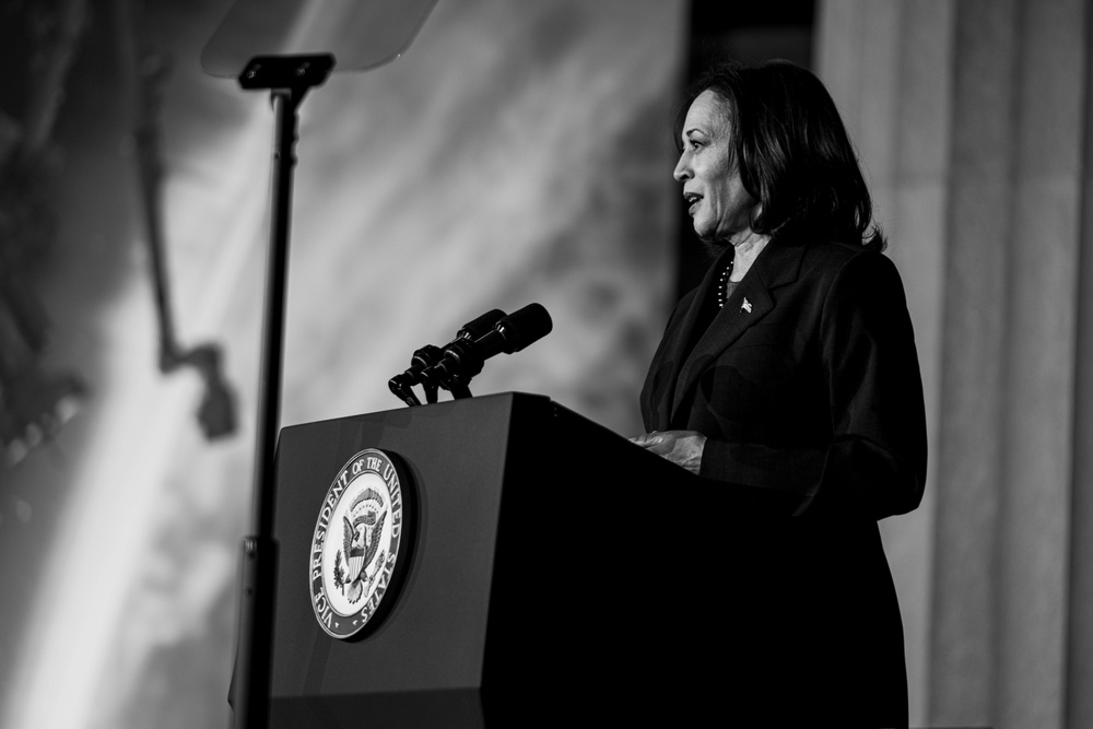 U.S. Vice President Kamala Harris speaks to a crowd at the National Space Council meeting