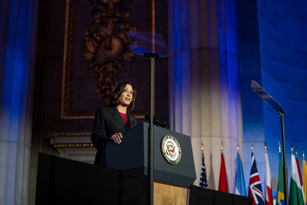 U.S. Vice President Kamala Harris speaks to a crowd at the National Space Council meeting