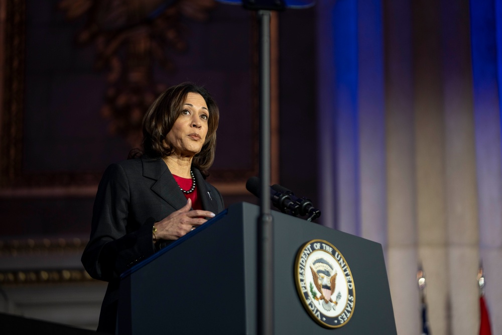 U.S. Vice President Kamala Harris speaks to a crowd at the National Space Council meeting