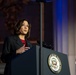 U.S. Vice President Kamala Harris speaks to a crowd at the National Space Council meeting