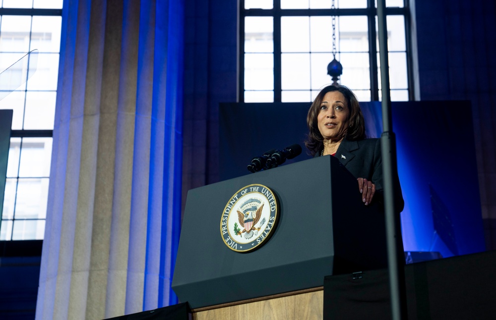 U.S. Vice President Kamala Harris speaks to a crowd at the National Space Council meeting