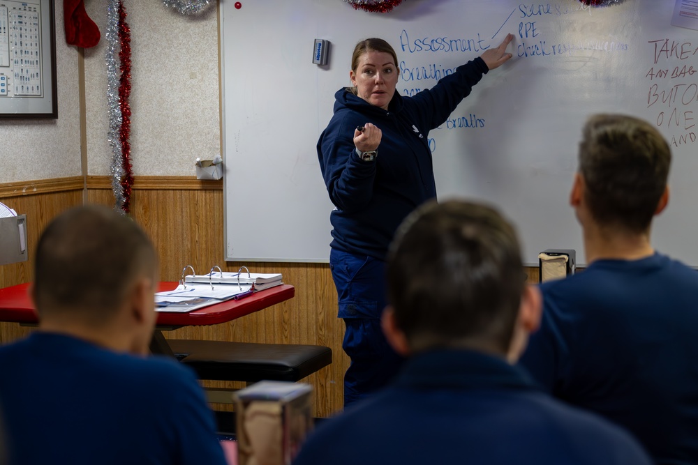 USCGC Polar Star (WAGB 10) crewmembers conduct medical training while transiting the Southern Ocean en route to Antartica for Operation Deep Freeze