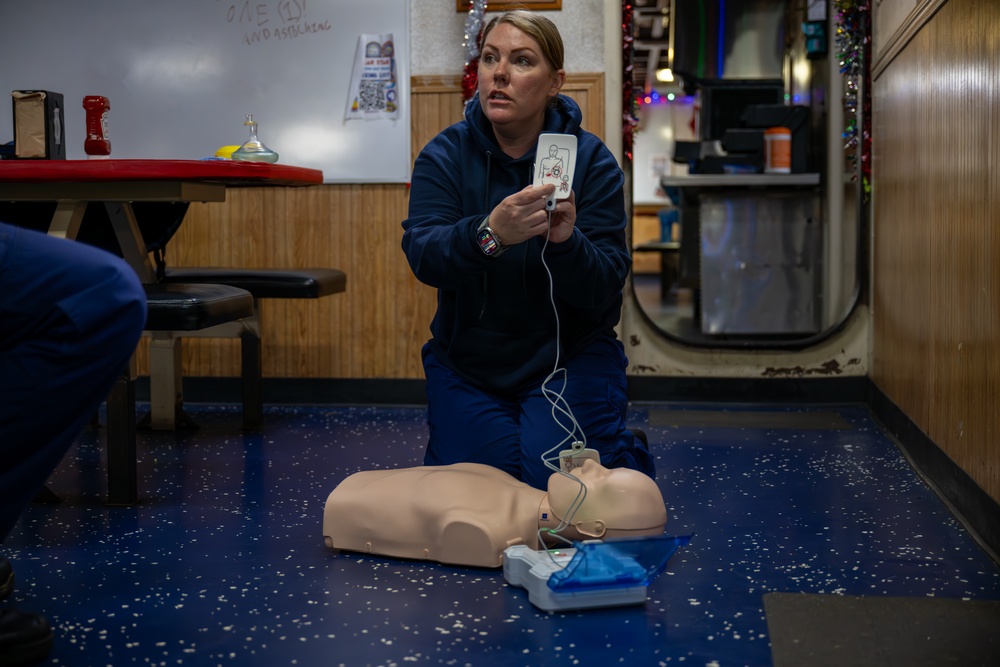 USCGC Polar Star (WAGB 10) crewmembers conduct medical training while transiting the Southern Ocean en route to Antartica for Operation Deep Freeze